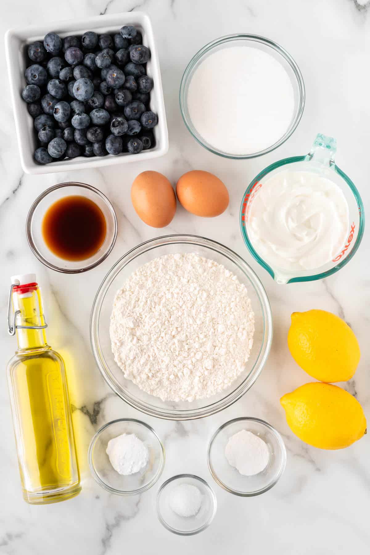 ingredients needed to make yogurt blueberry muffins