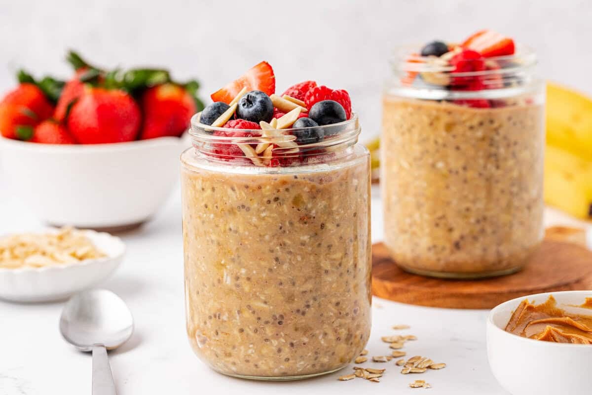 protein overnight oats topped with berries and almonds