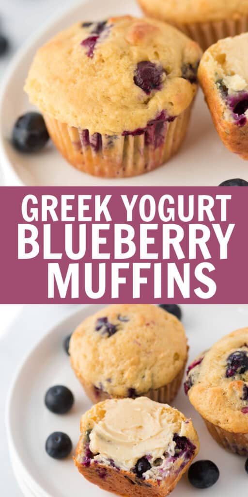 image with text "greek yogurt blueberry muffins"