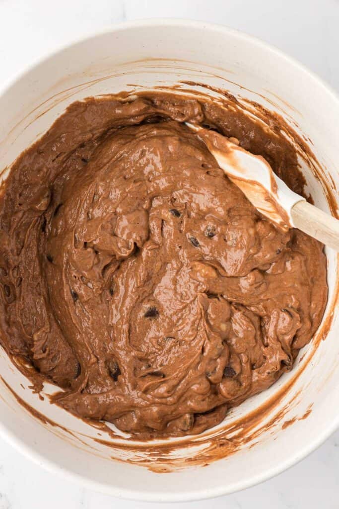 chocolate muffin batter in a mixing bowl