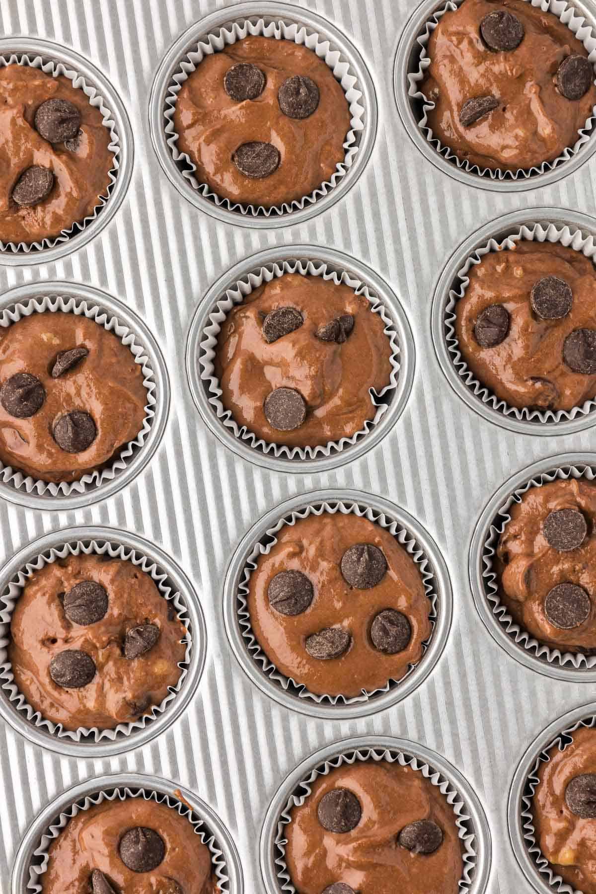 muffin batter in a muffin tin topped with chocolate chips