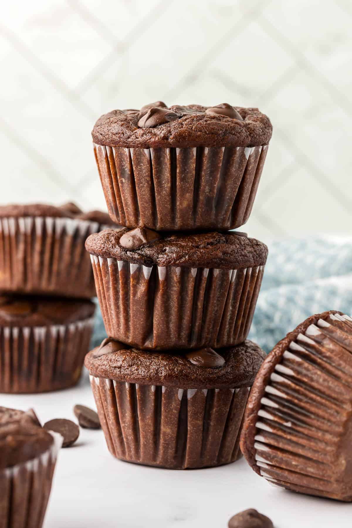 healthy chocolate muffins stacked