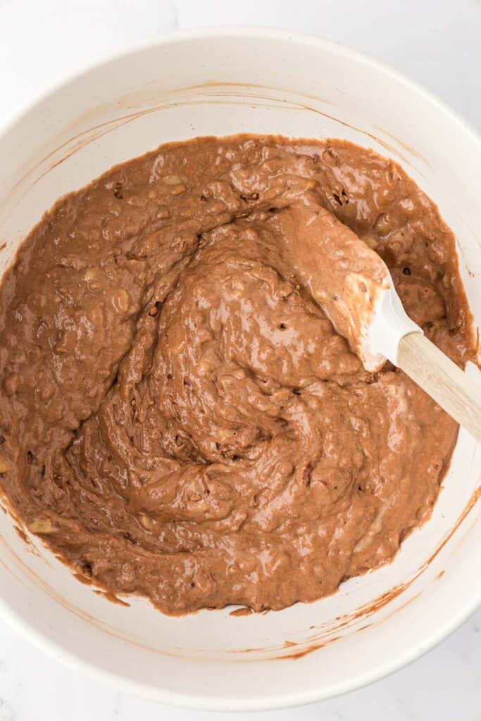 chocolate muffin batter in a mixing bowl