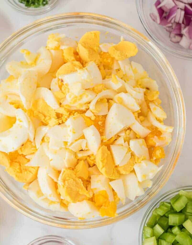 hard boiled eggs chopped in a bowl