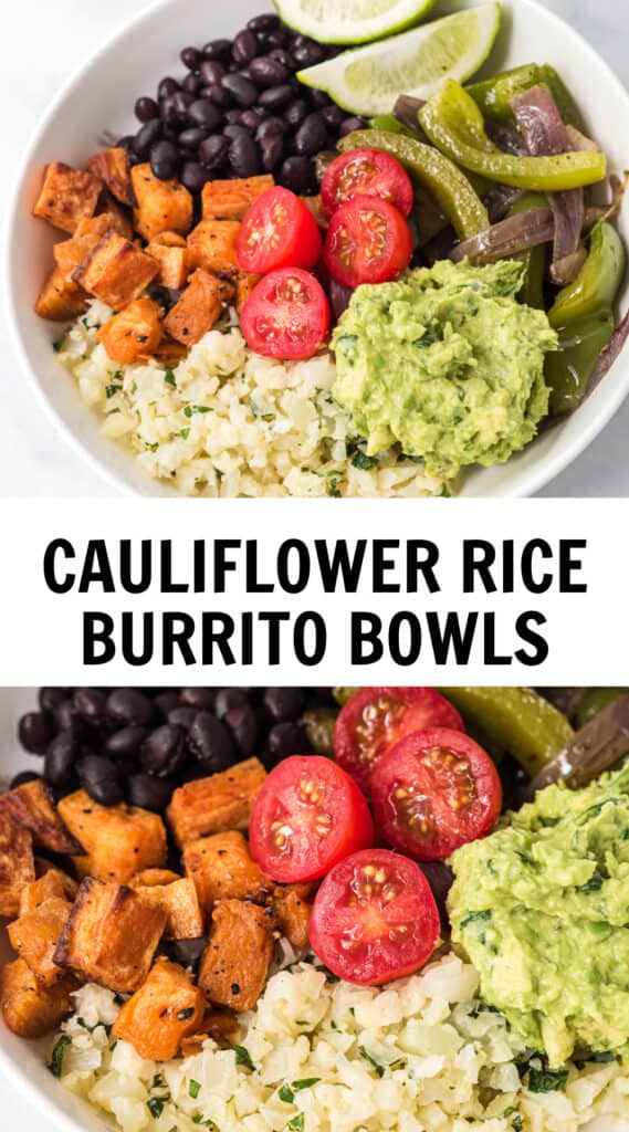 image with text "cauliflower rice burrito bowls"