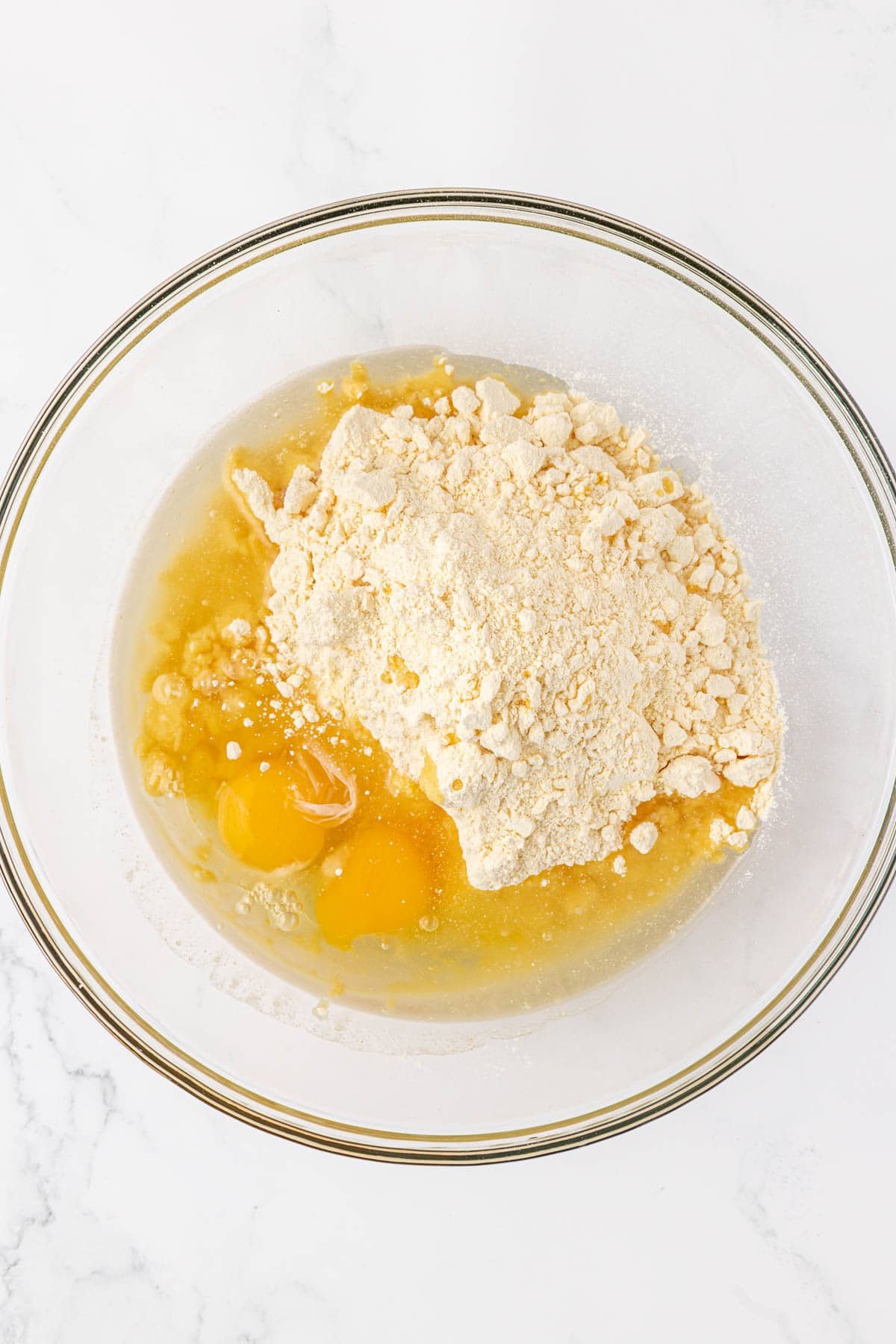 cake mix, eggs, and oil in a mixing bowl