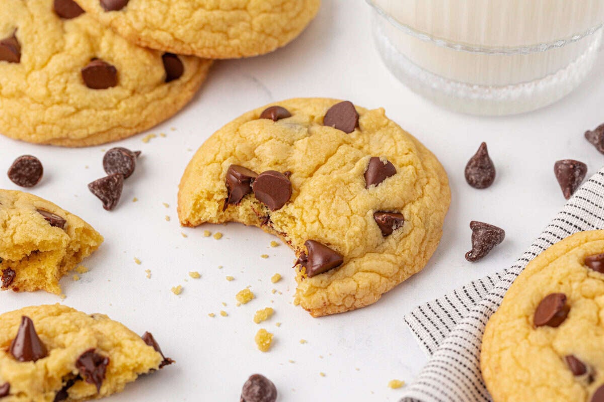 cake mix chocolate chip cookie with a bite taken out