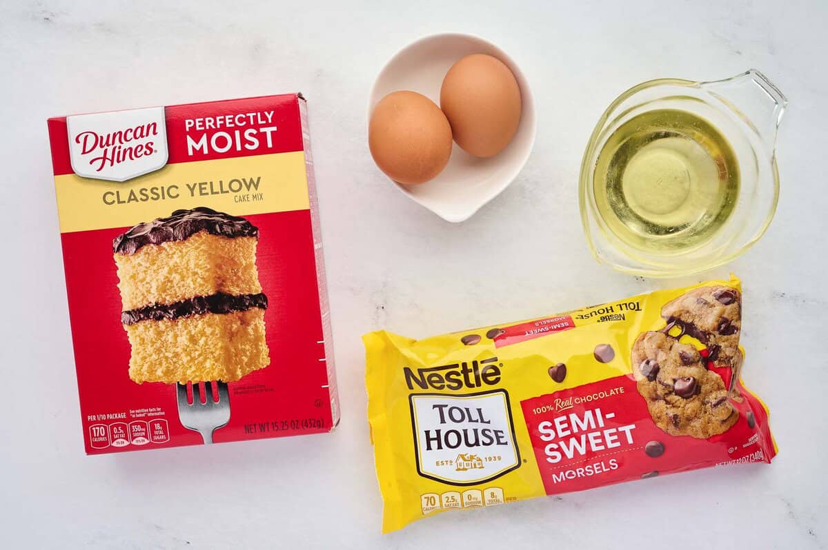 cake mix, eggs, oil, and chocolate chips
