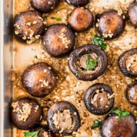 roasted garlic mushrooms on a sheet pan