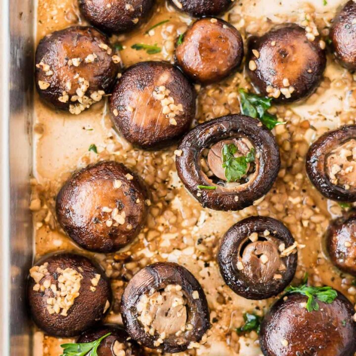 roasted garlic mushrooms on a sheet pan