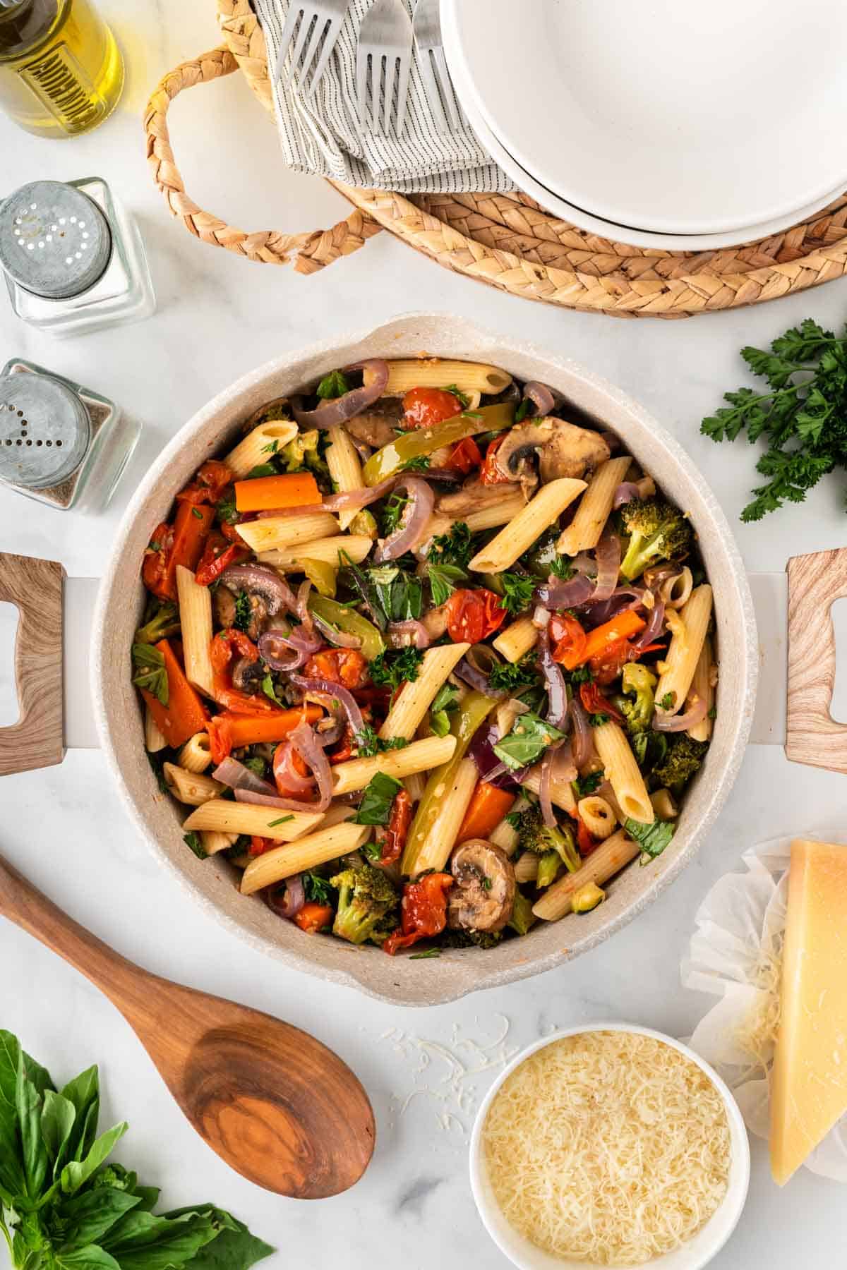roasted vegetable pasta in a sauce pan