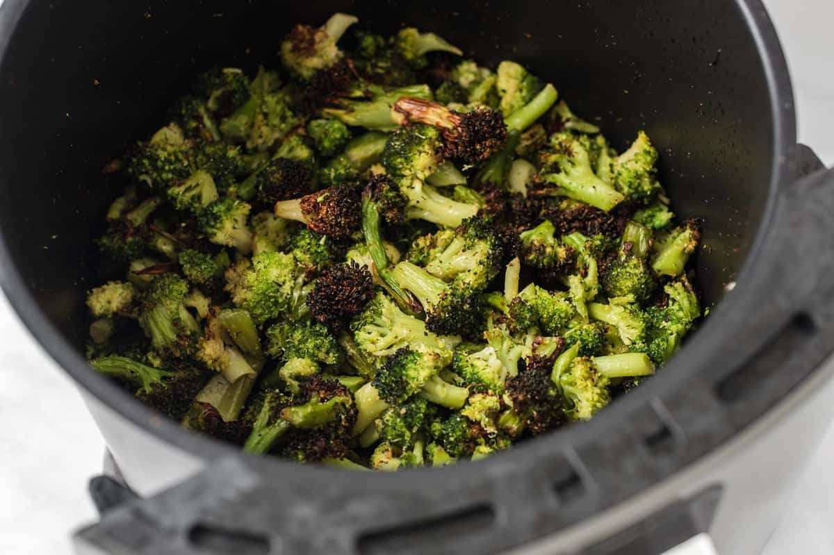 air fried frozen broccoli in the air fryer basket