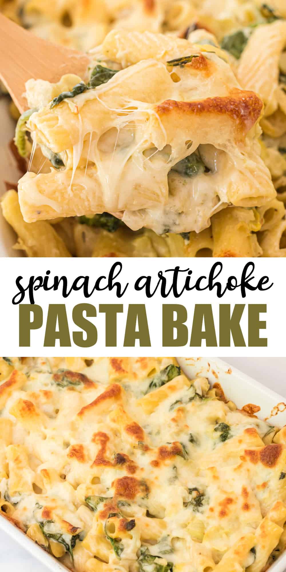 image with text "spinach artichoke pasta bake"