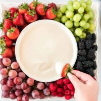 a tray full of fruit with a bowl of cream cheese yogurt dip