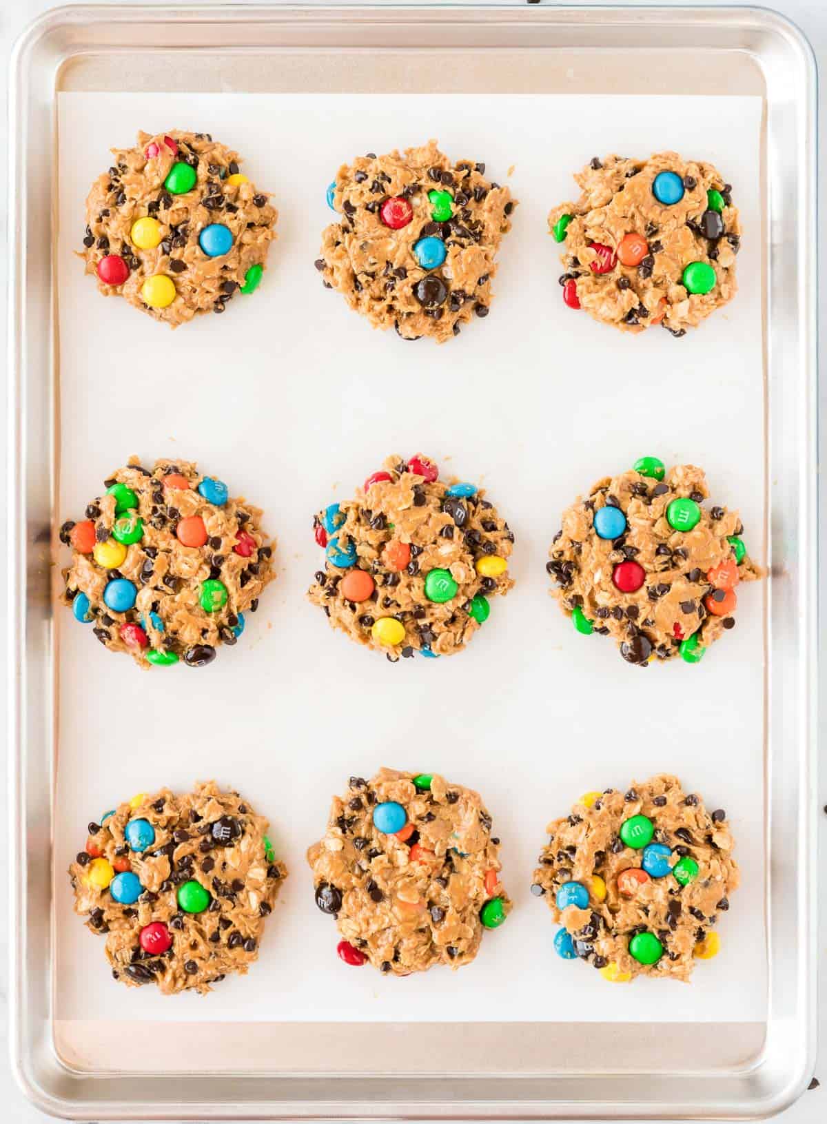 gluten free monster cookies on a baking sheet