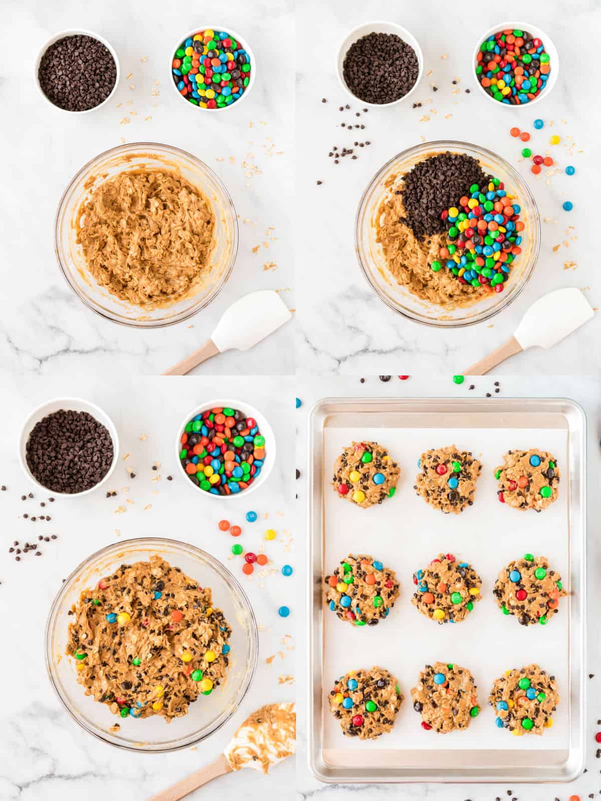 collage image showing the m&m's and chocolate chips being added, then the cookies formed on the baking sheet
