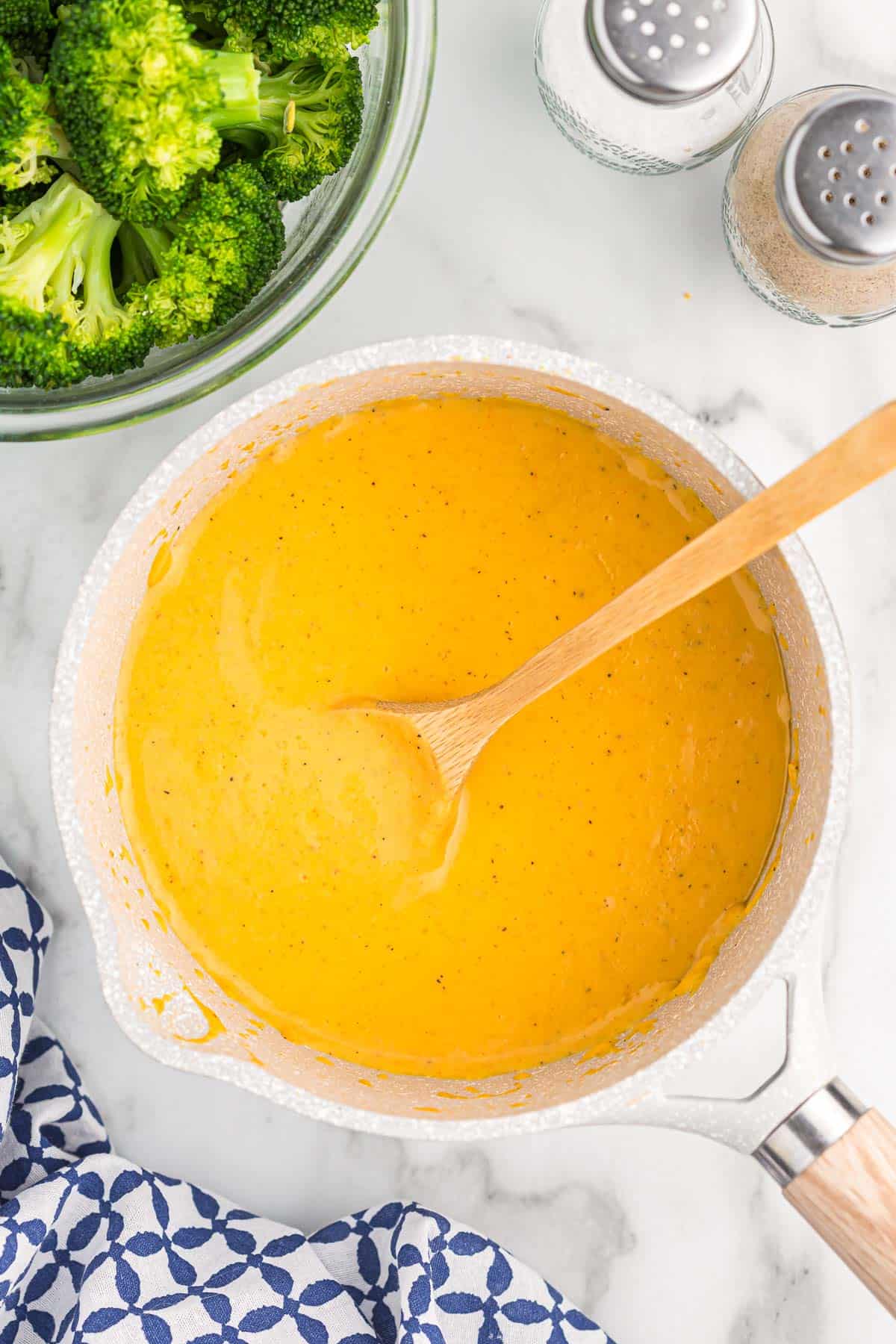 cheese sauce for broccoli in a sauce pan