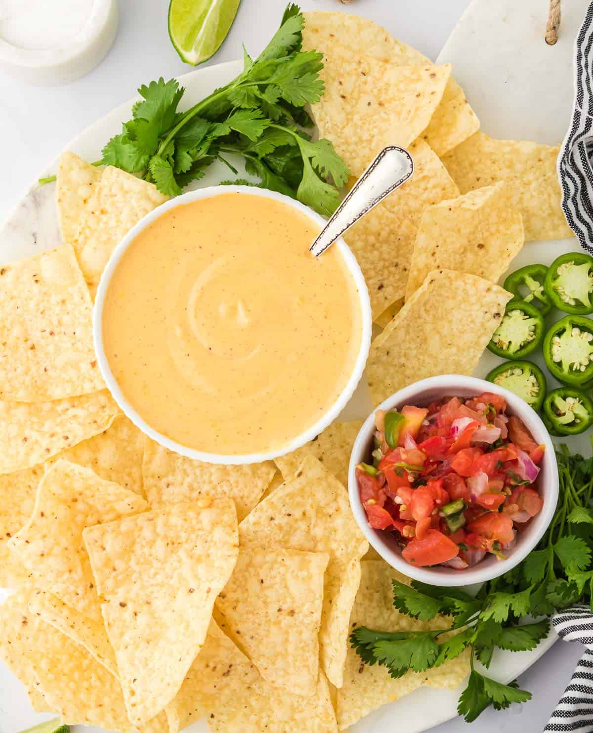 nacho cheese sauce with tortilla chips