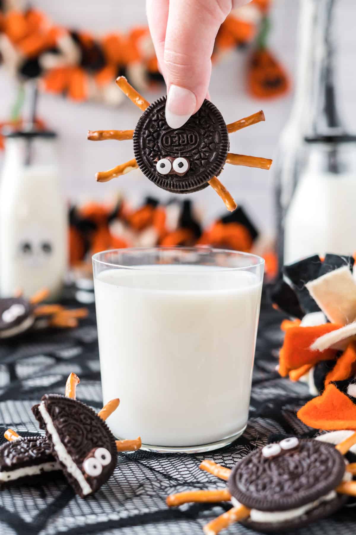 oreo spider and a glass of milk for dipping