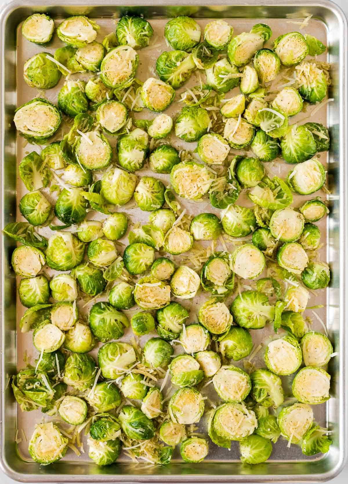 brussels sprouts on a baking sheet