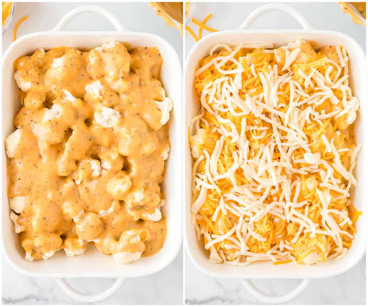 collage image showing the cheese sauce poured over the cauliflower, then the shredded cheese placed on top