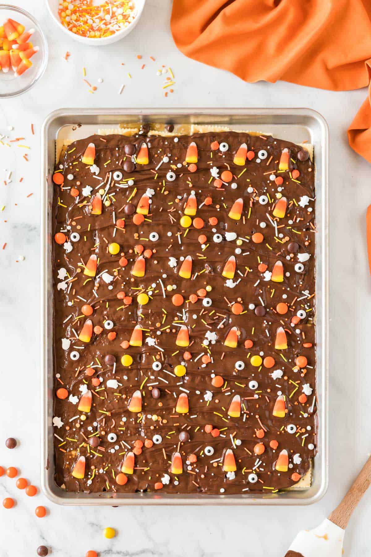 halloween candy added to the melted chocolate