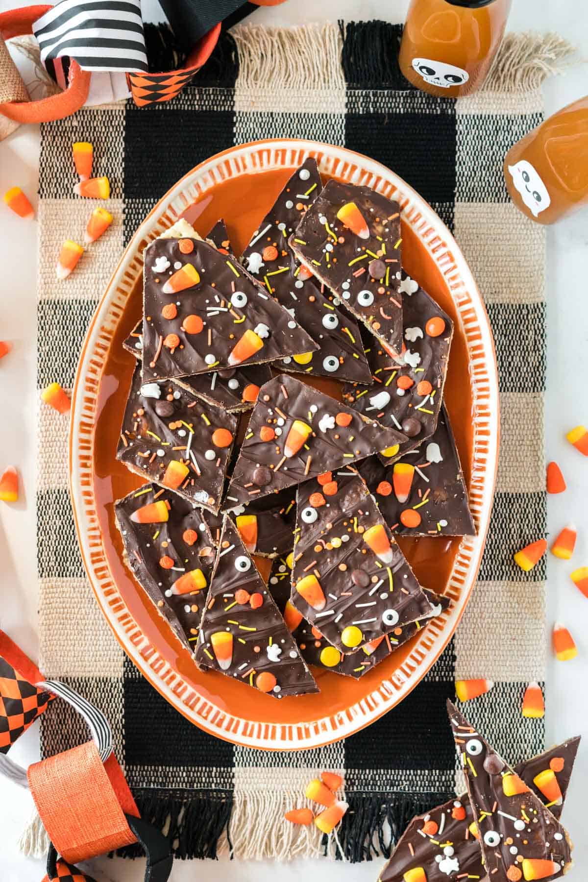 halloween crack candy on an orange serving plate