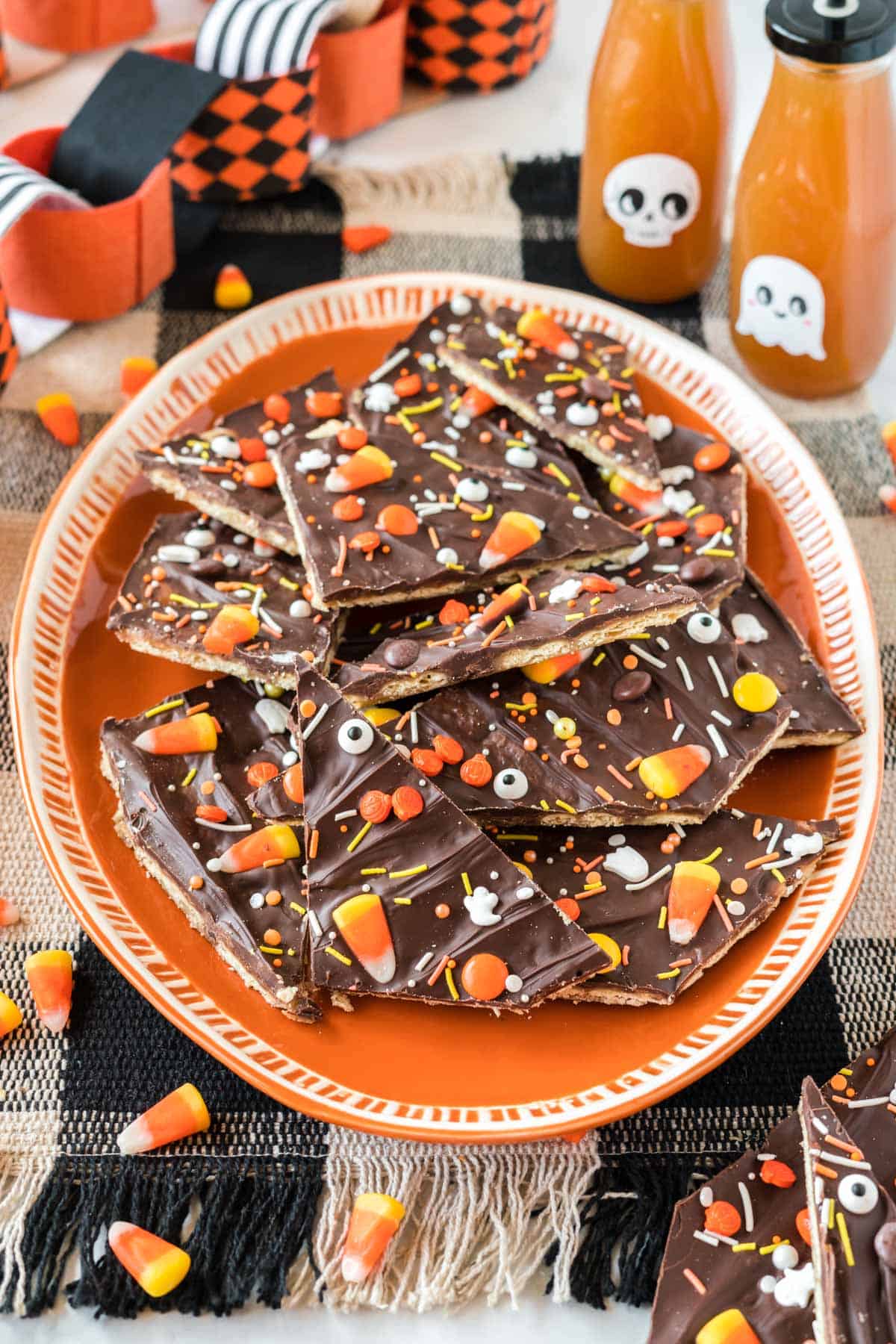 halloween crack candy on an orange serving plate