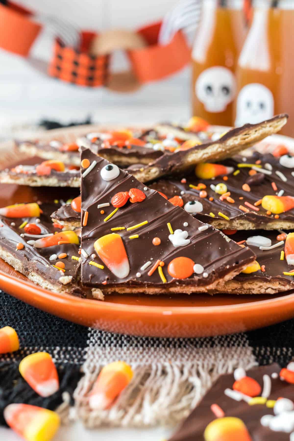 halloween crack candy on an orange serving plate