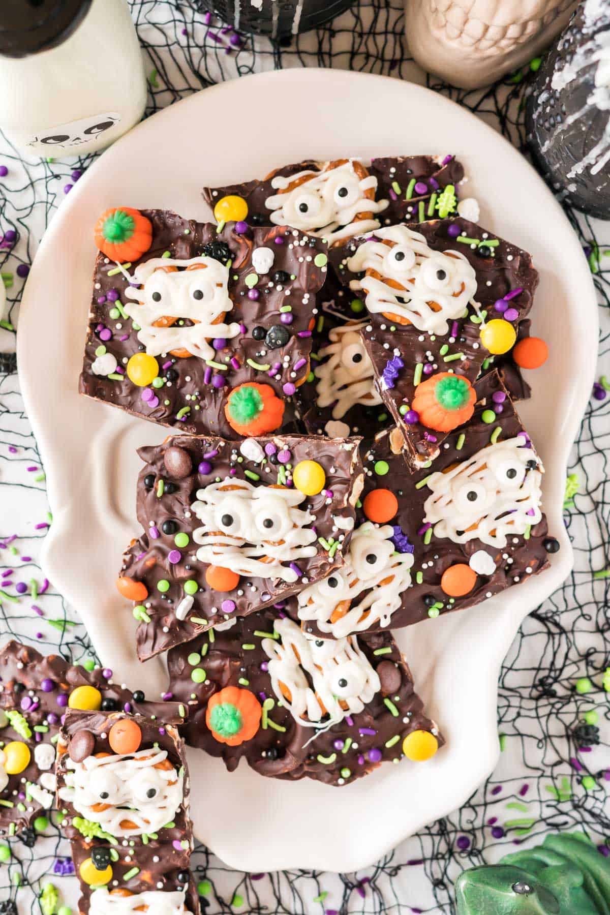 halloween bark on a skull serving dish