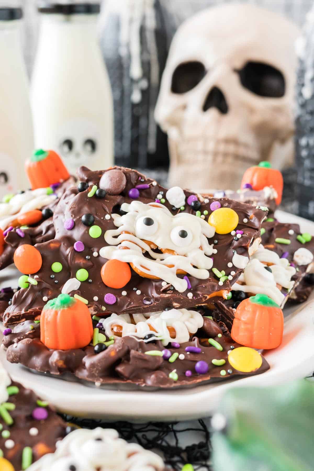 halloween bark on a skull serving dish