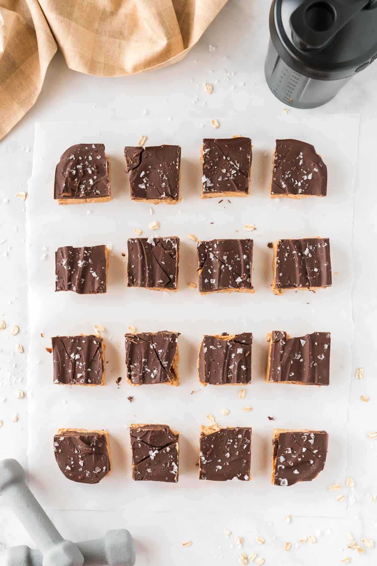 no bake protein bars cut into 16 pieces