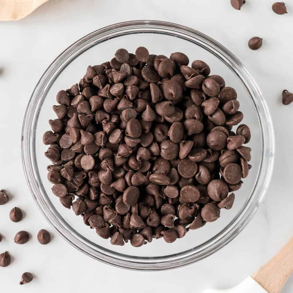 chocolate chips in a glass bowl