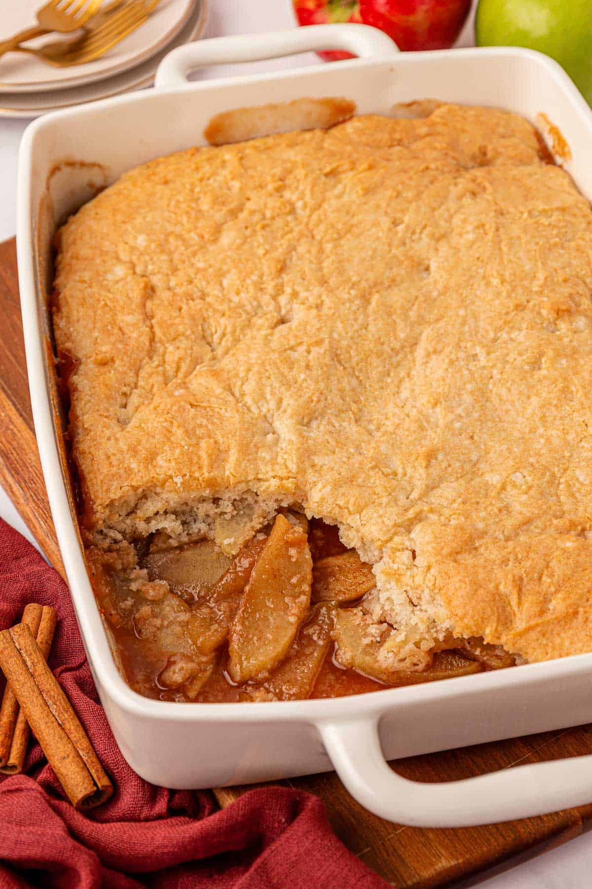 cake mix apple cobbler in a baking dish