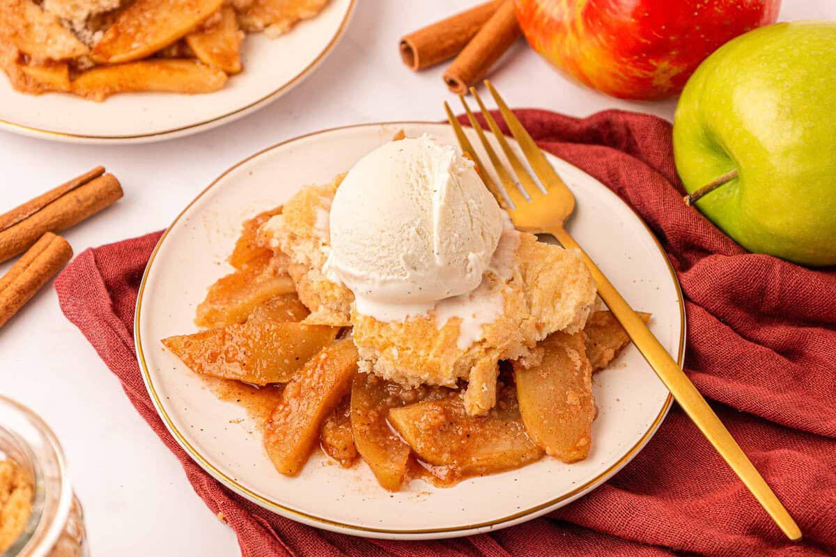 cake mix apple cobbler topped with vanilla ice cream