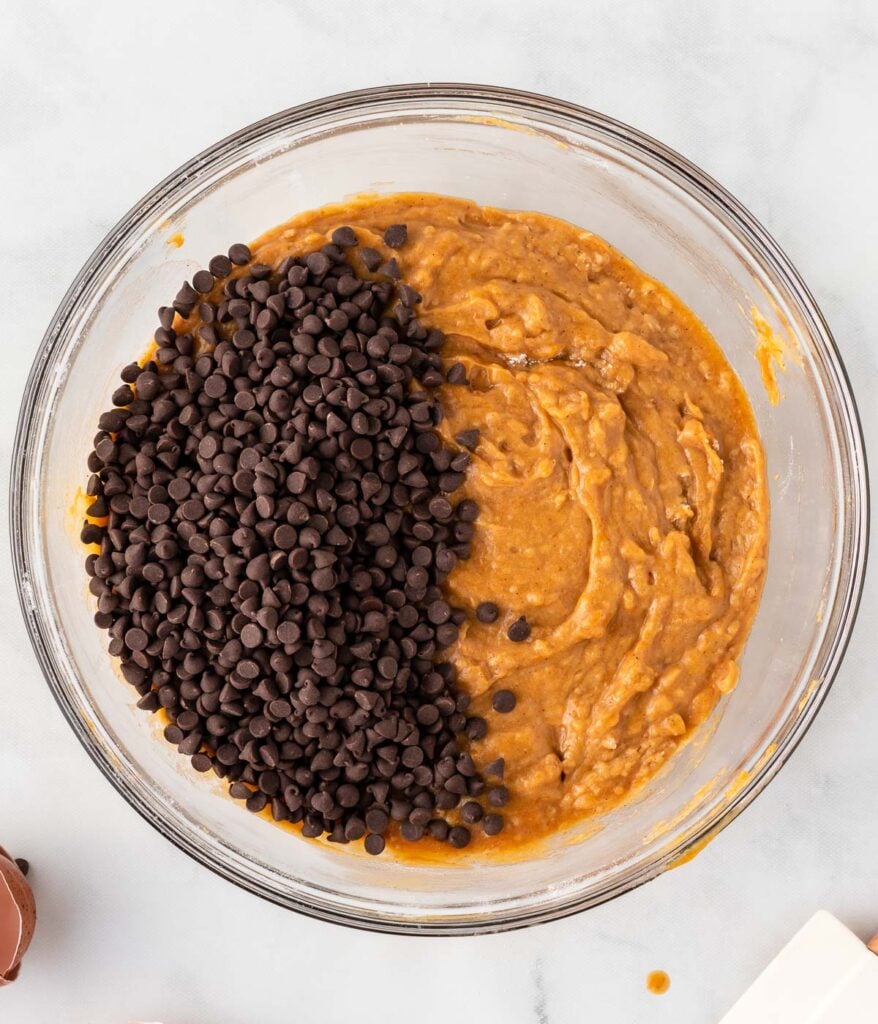 adding mini chocolate chips to the batter