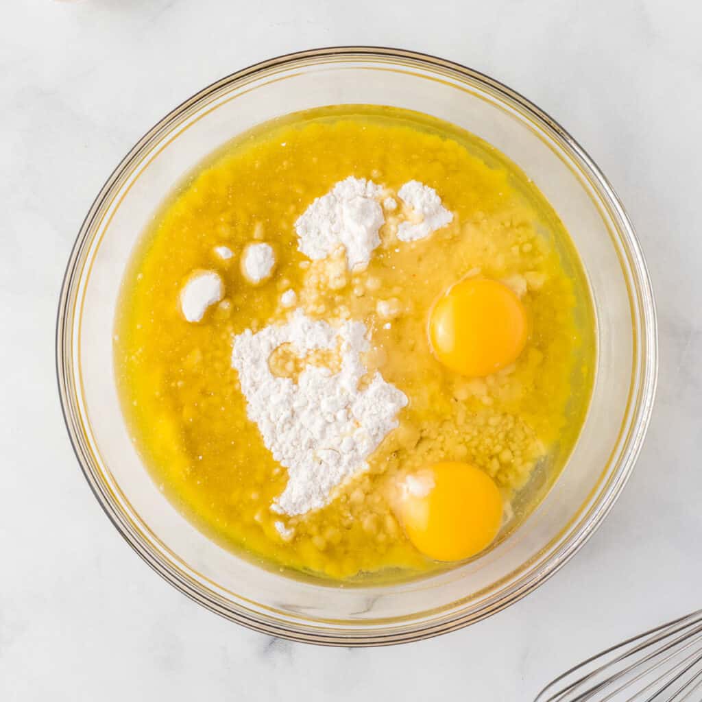 cake mix, oil, and eggs in a mixing bowl