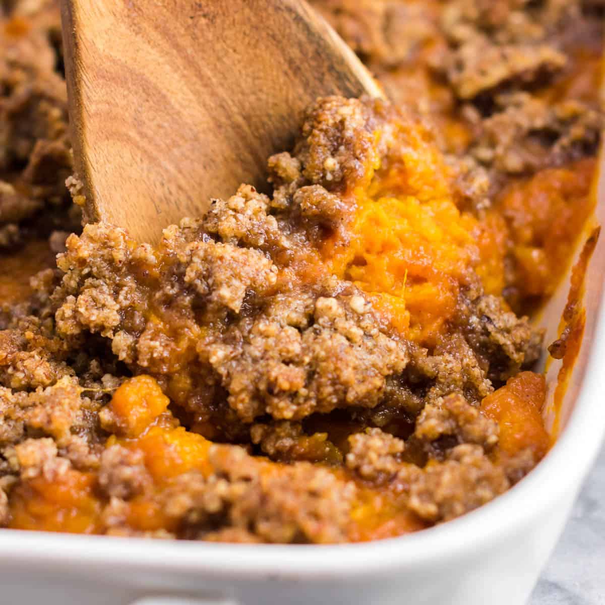 gluten free sweet potato casserole with pecan topping