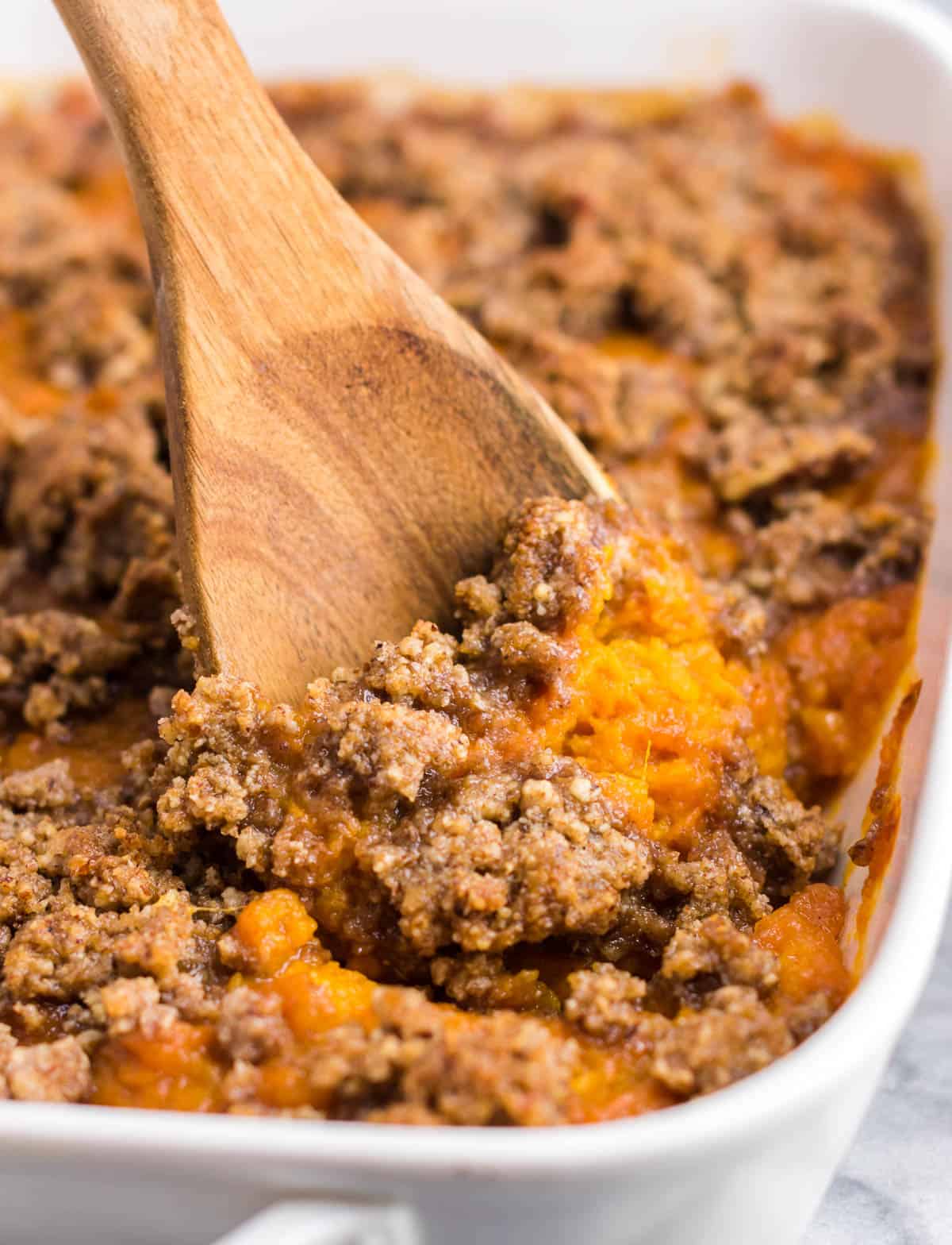 gluten free sweet potato casserole with pecan topping