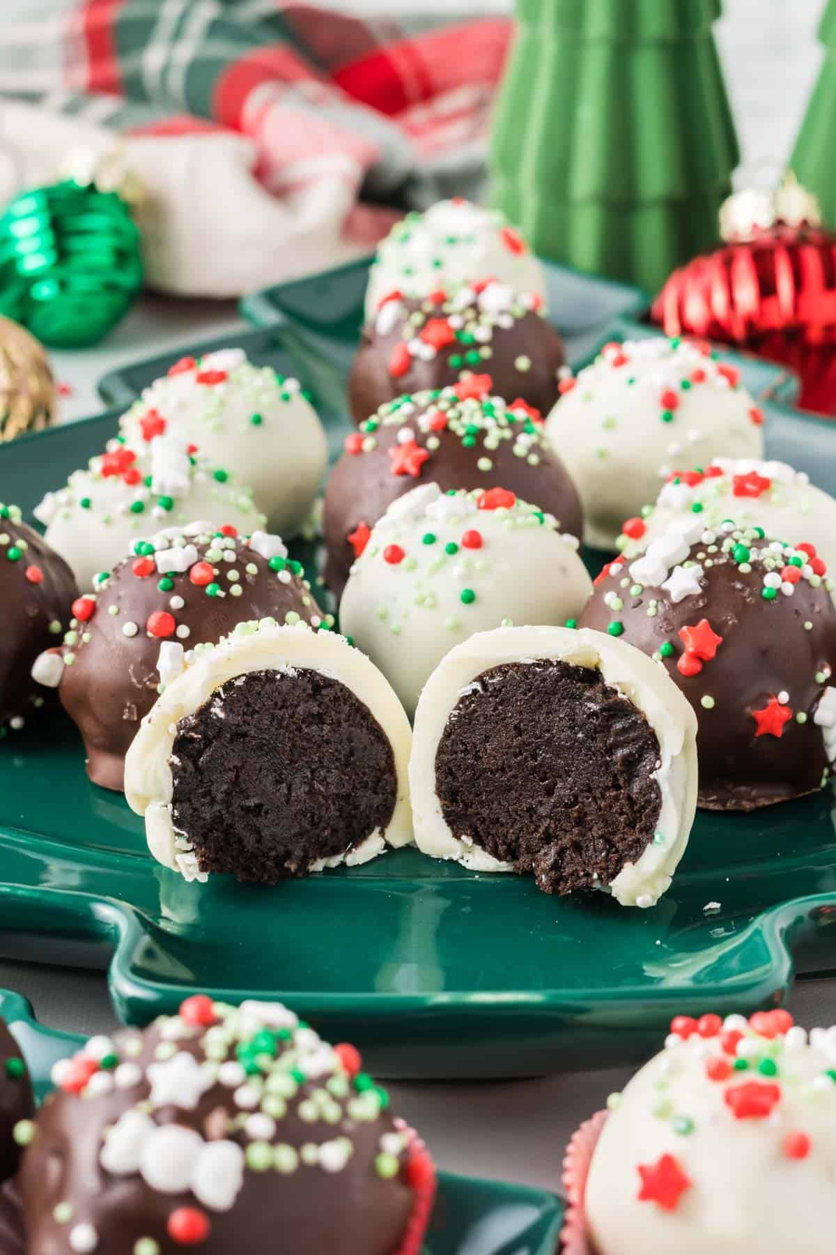 Christmas oreo ball cut in half to show the filling