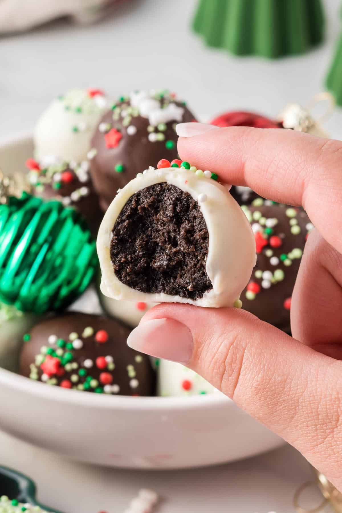 oreo truffle with a bite taken out