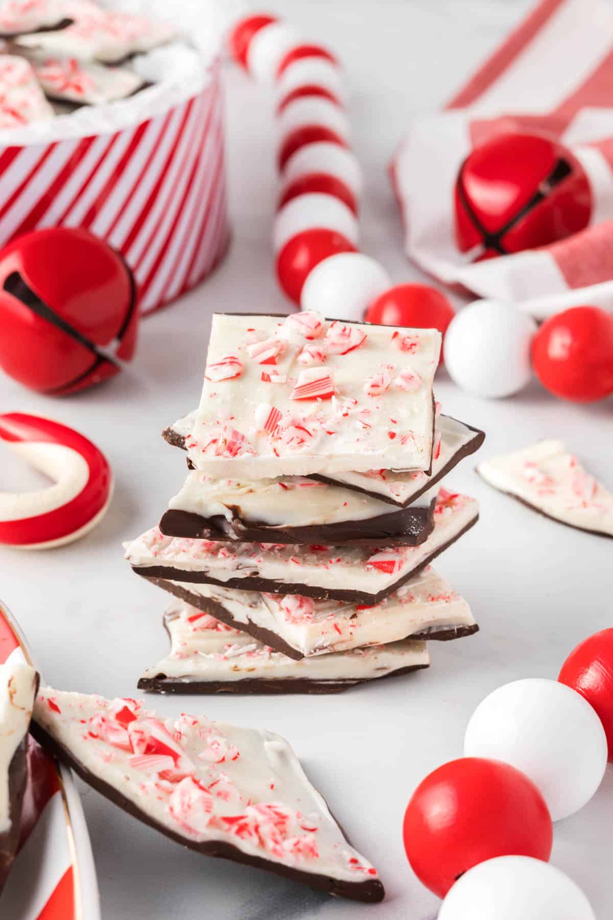 chocolate peppermint bark pieces stacked