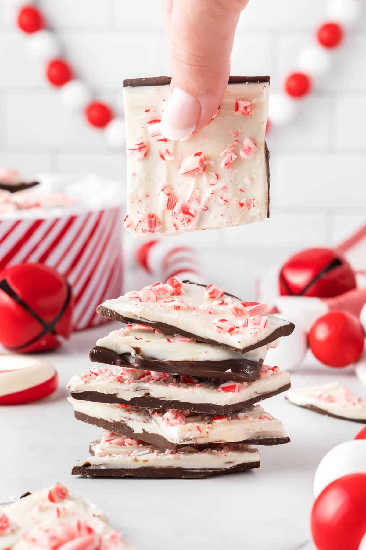 chocolate peppermint bark pieces stacked