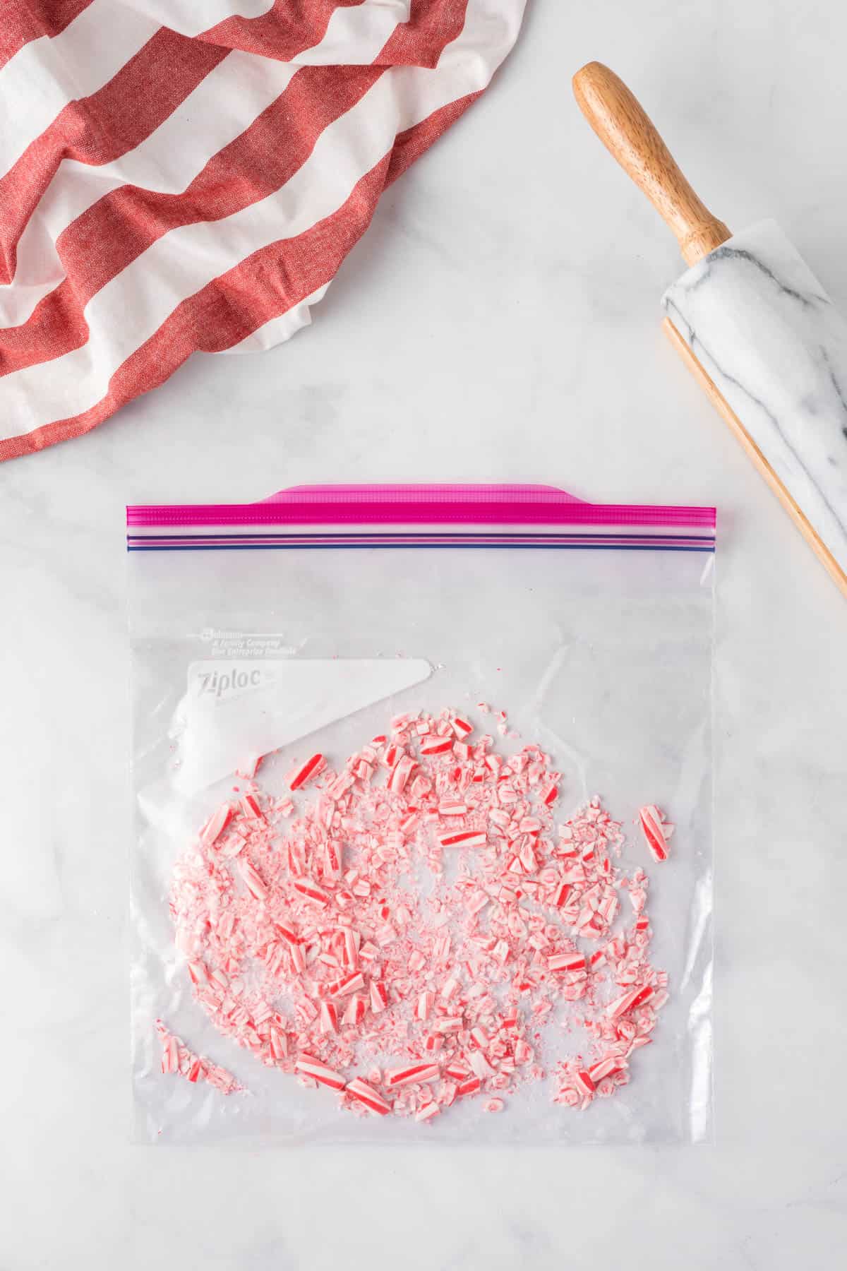 crushed candy canes in a ziploc bag