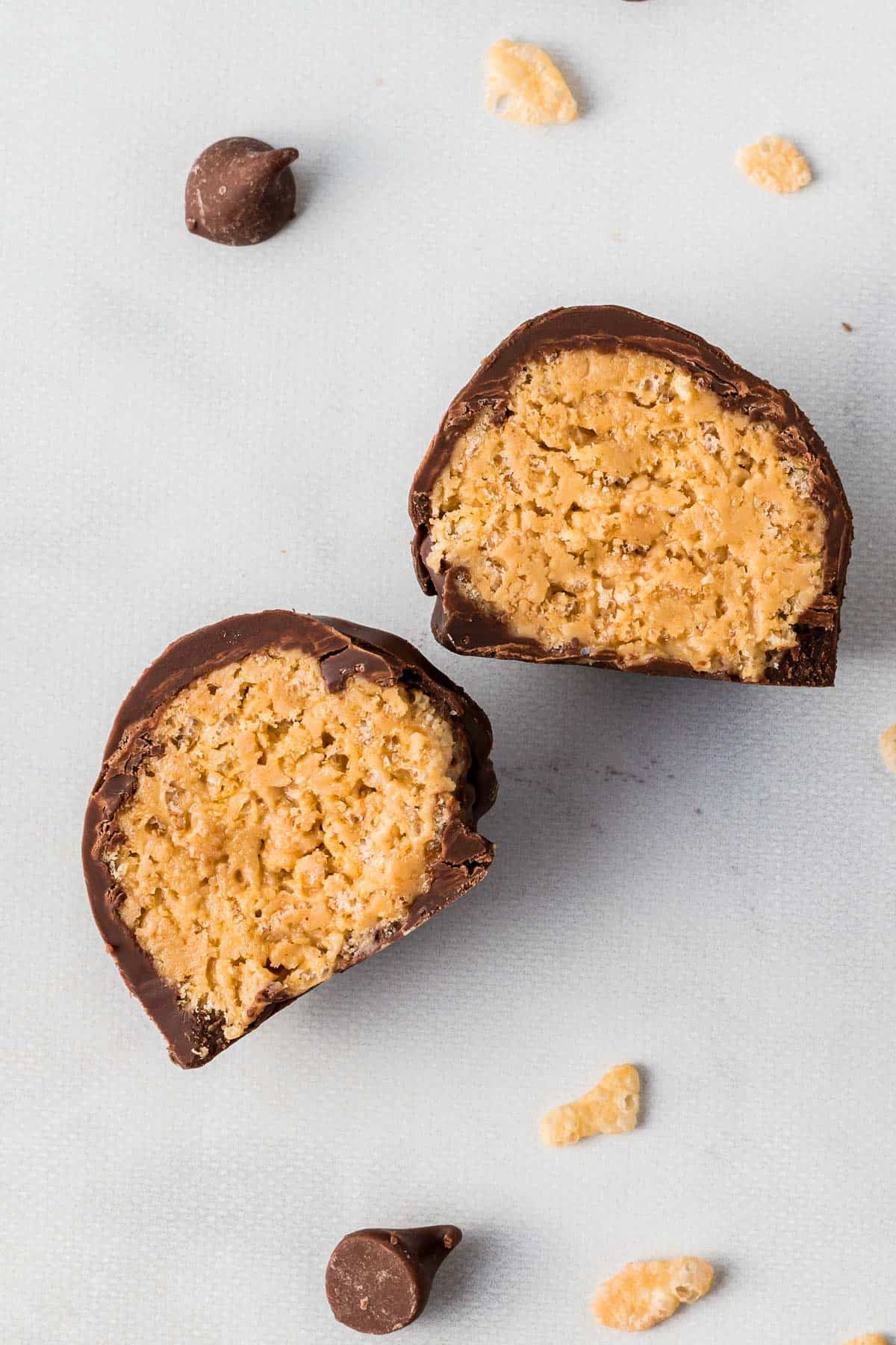 peanut butter ball cut open to show the filling