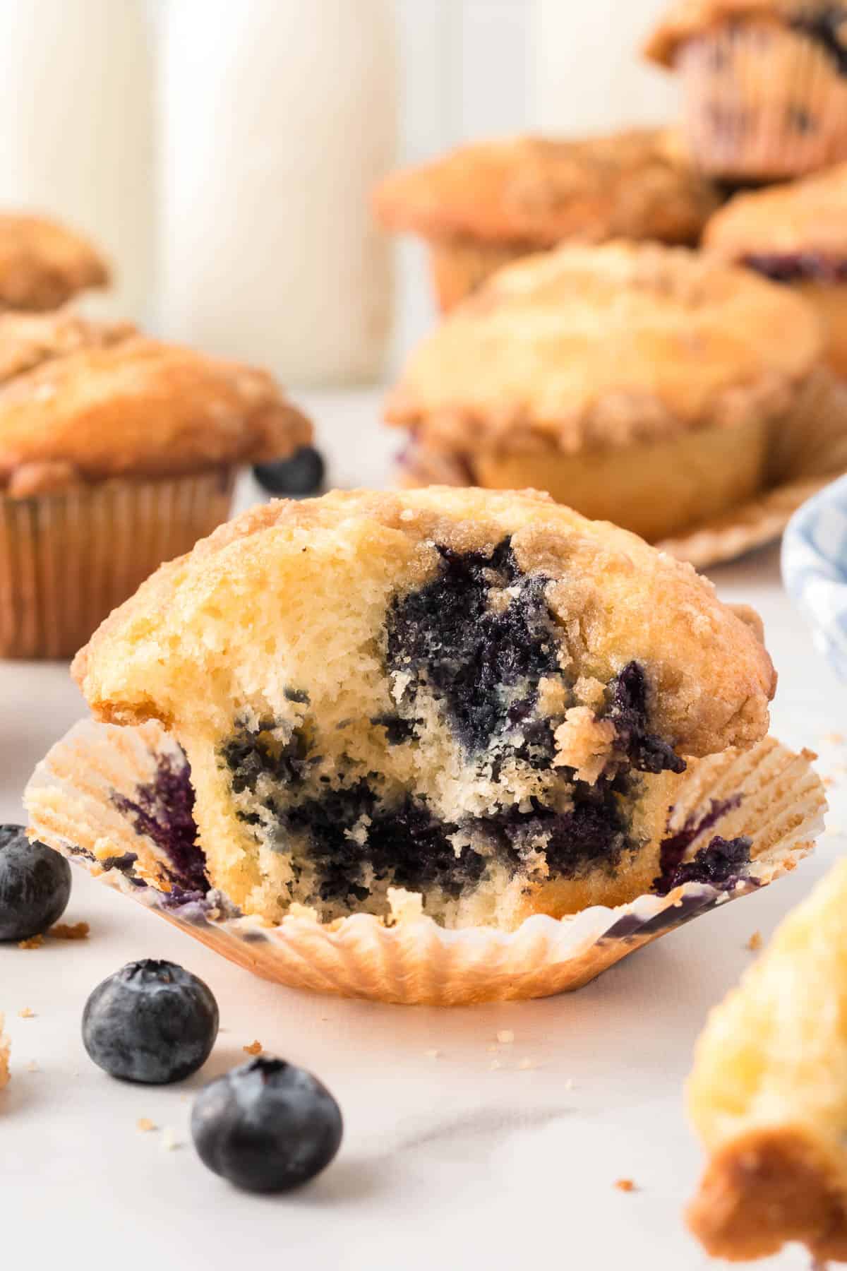 cake mix blueberry muffin with a bite taken out