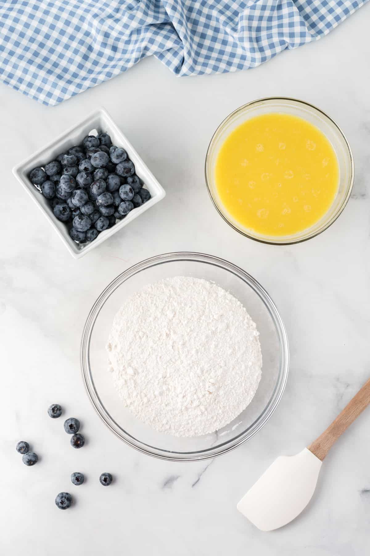 cake mix, wet ingredients, and fresh blueberries