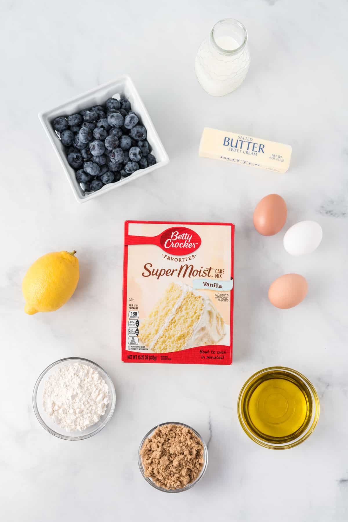 ingredients needed to make cake mix blueberry muffins