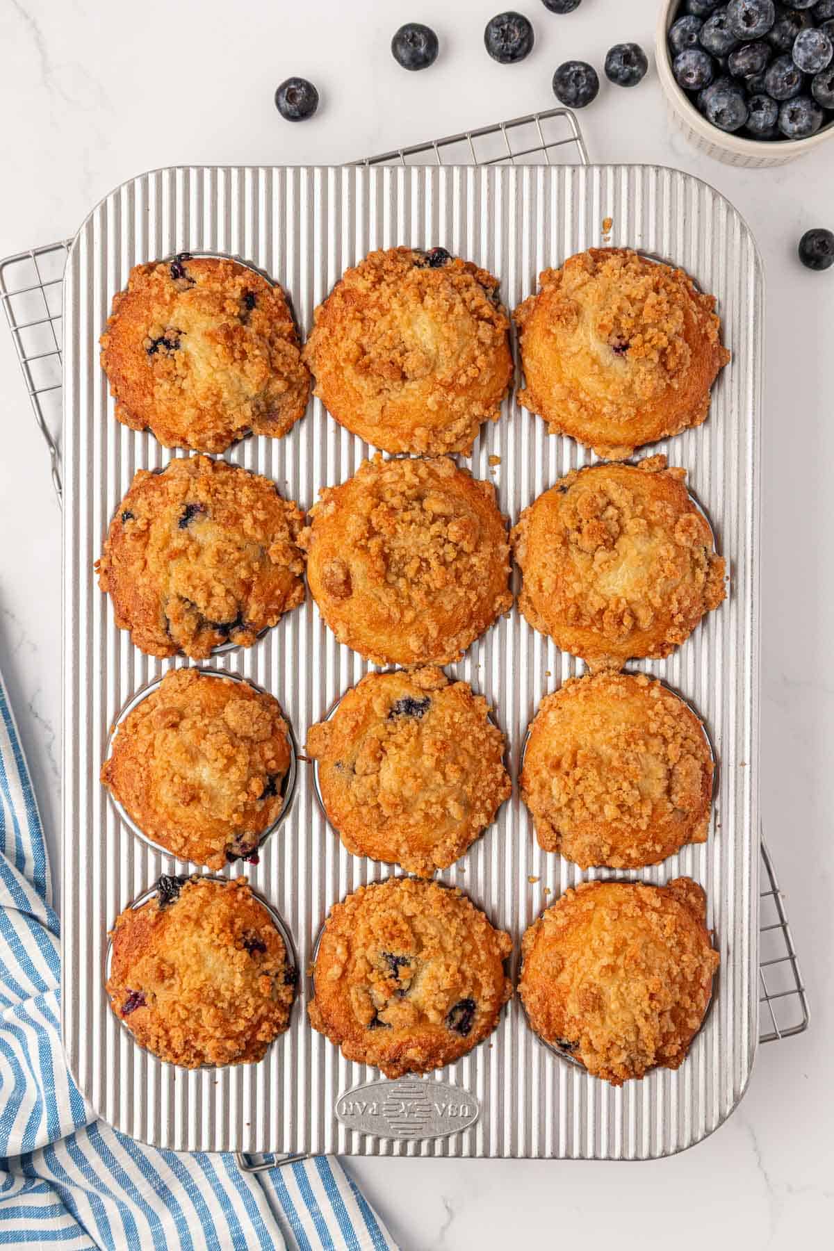 cake mix blueberry muffins in a muffin tin