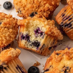 cake mix blueberry muffin with a bite taken out